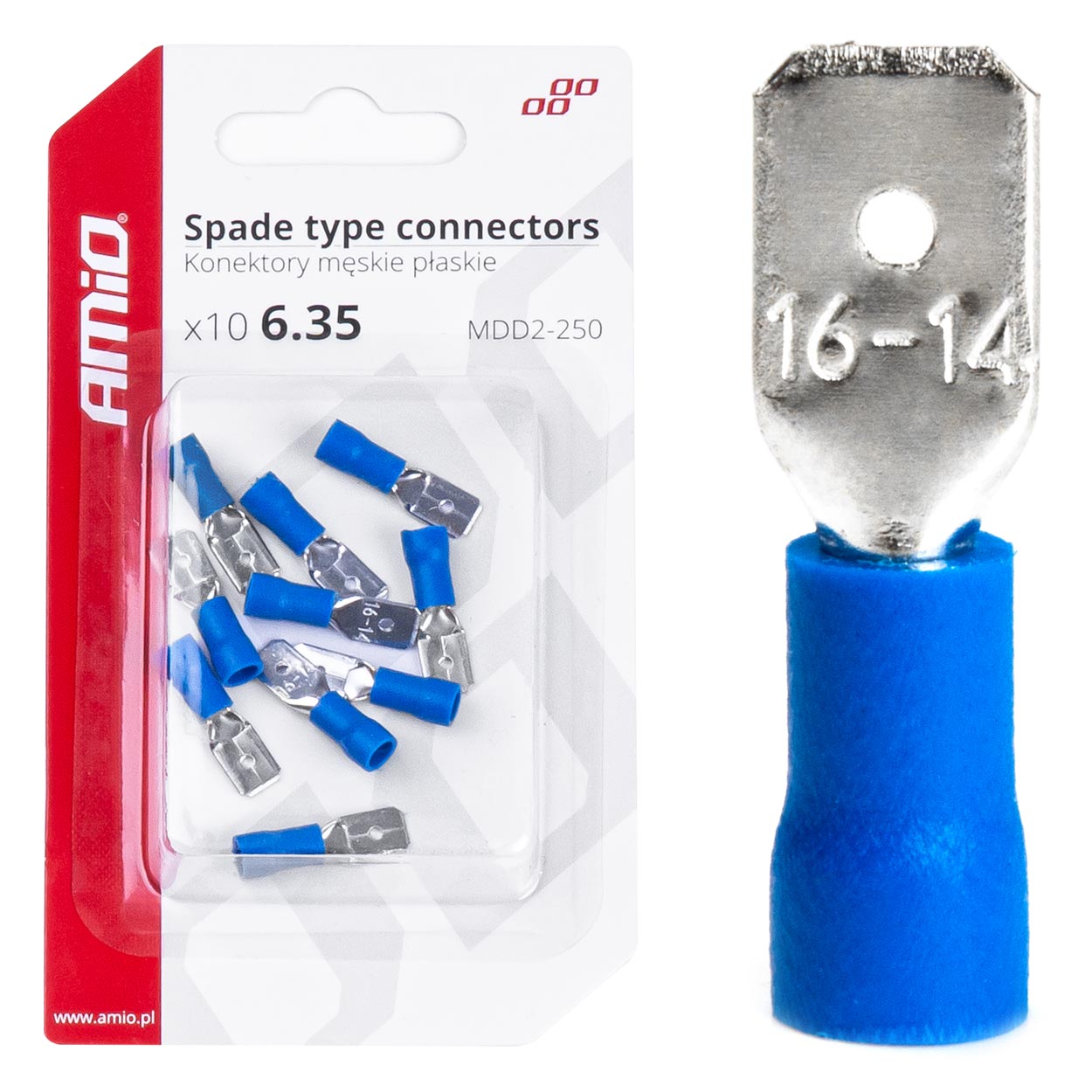 AMiO Insulated 6.35 mm Male Flat Connectors, 1.5–2.5 mm², 15 A, 10 pcs. amio-03070