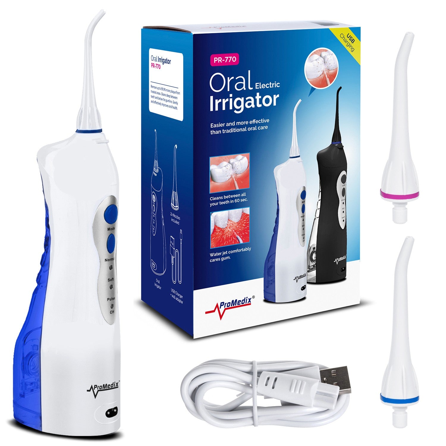 ProMedix Promedix Cordless Irrigator, Dental, for Teeth, Replacement Tips, White, PR-770 W