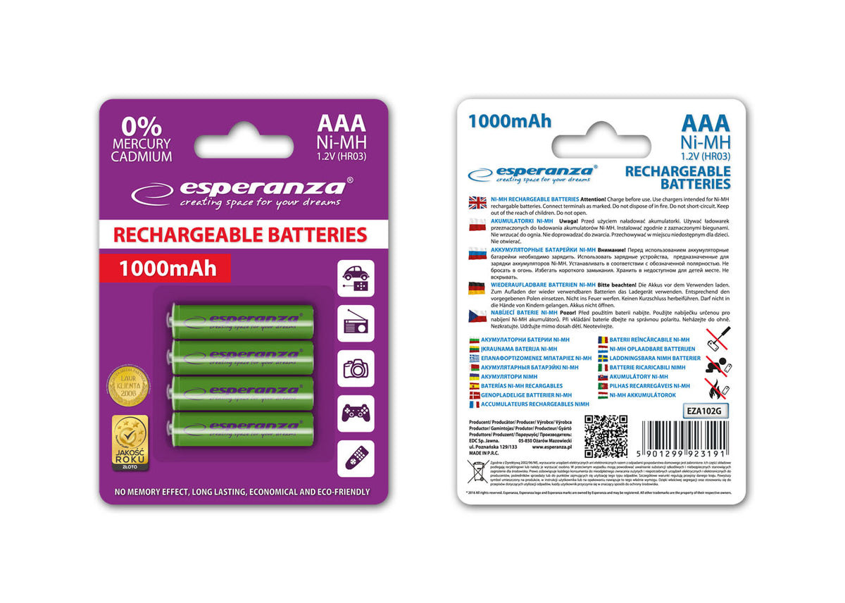 Esperanza EZA102G Esperanza Ni-MH AAA Rechargeable Batteries, 1000 mAh, 4-Pack, Green – image 2