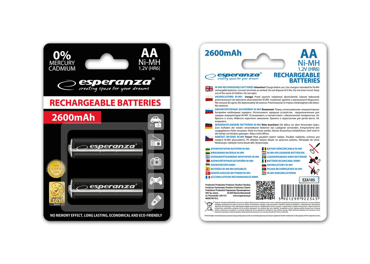 Esperanza EZA105 Esperanza Ni-MH AA Rechargeable Batteries, High-Capacity 2600mAh, 2-Pack, Black – image 2