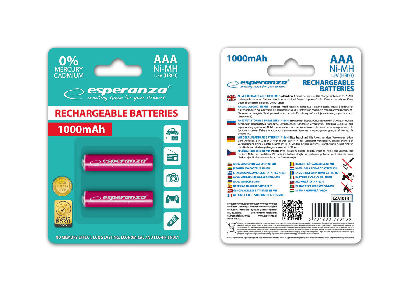 Esperanza EZA101R Esperanza Ni-MH AAA Rechargeable Batteries, 1000 mAh, 2-Pack, Red – image 2