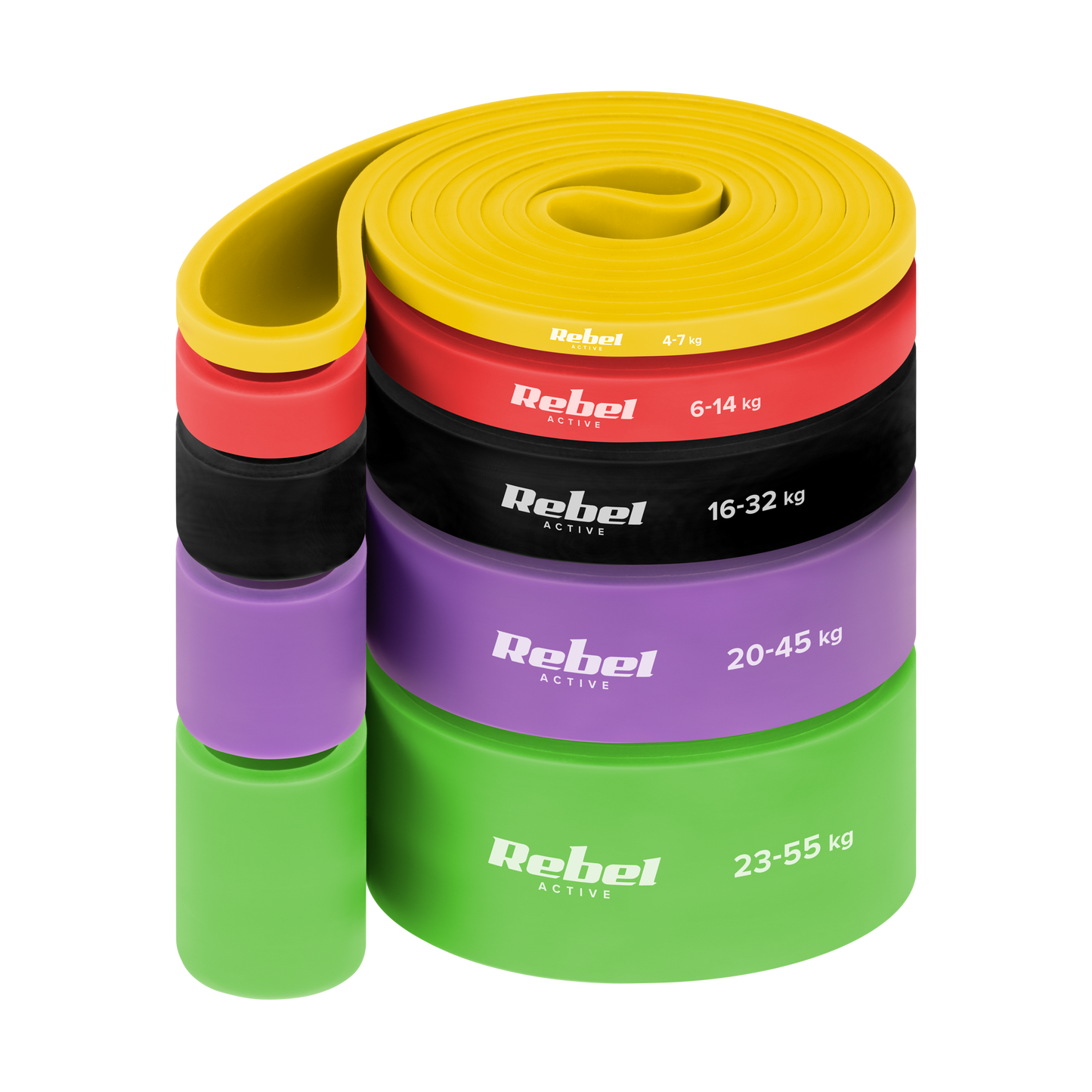 Rebel TPE Exercise Band Set - Power Band PTs-1, 4–55 kg, 5 TPE Bands, REBEL ACTIVE
