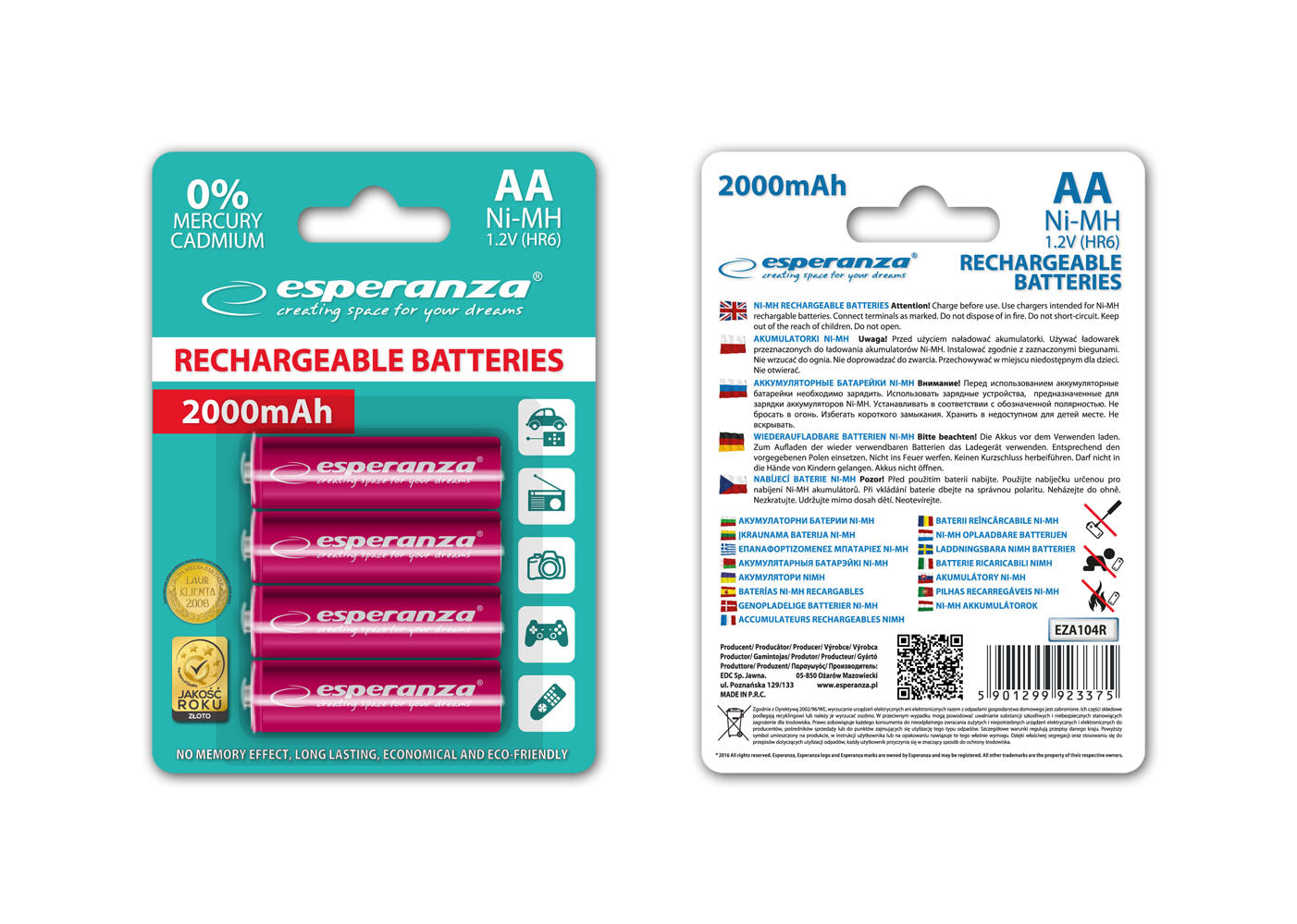 Esperanza EZA104R Ni-MH AA Rechargeable Batteries, 2000 mAh, 4-Pack, Red, Esperanza – image 2