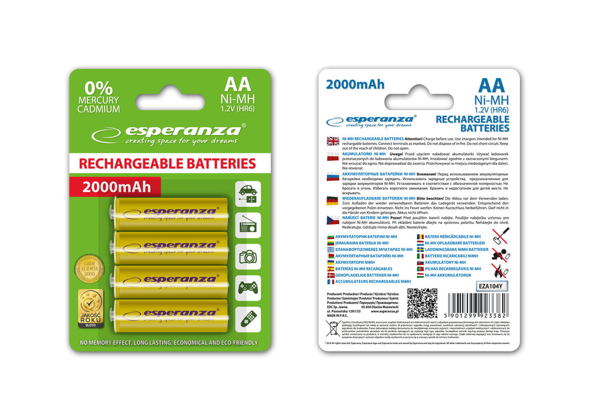 Esperanza EZA104Y Esperanza Ni-MH AA Rechargeable Batteries, 2000 mAh, 4-Pack, Yellow – image 2