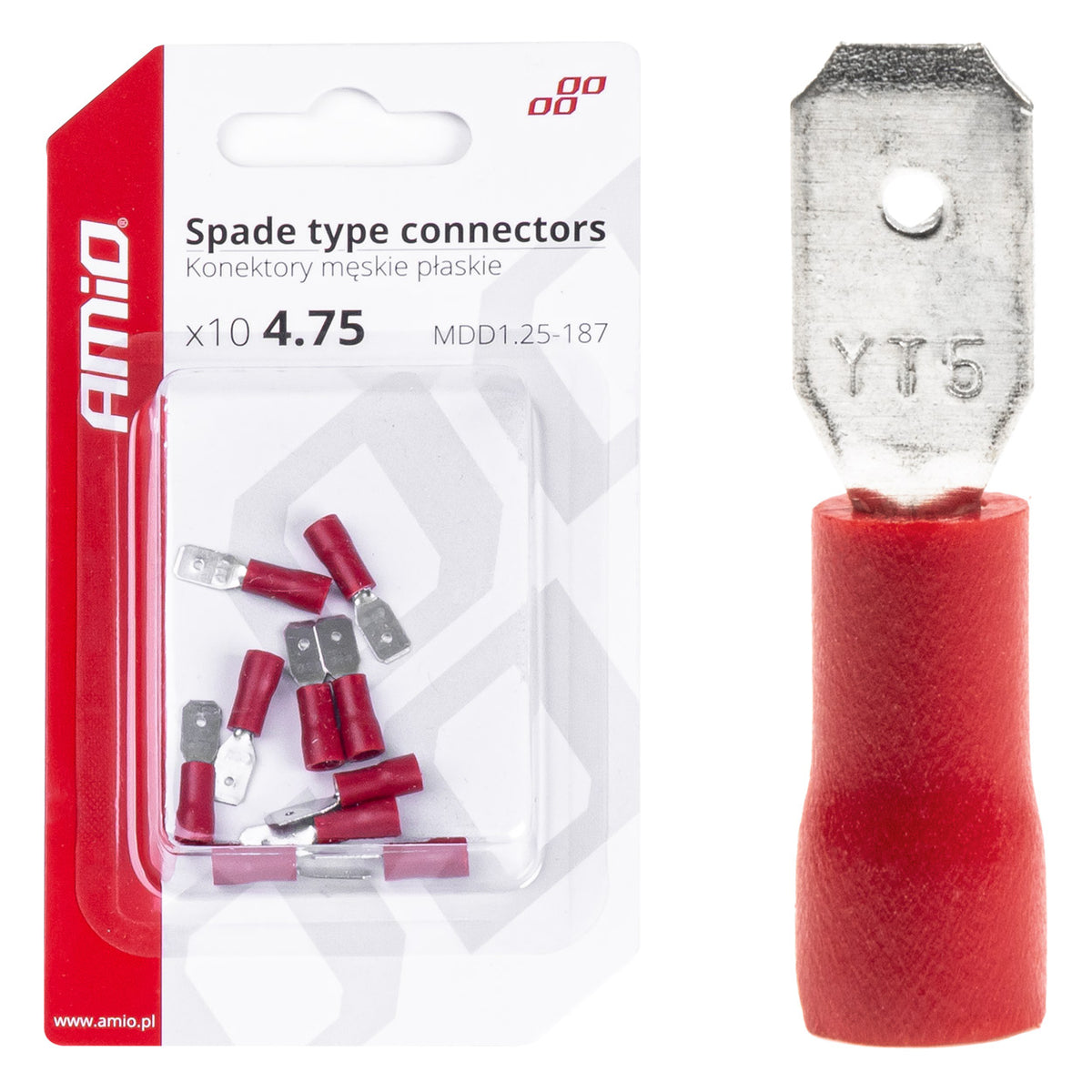 AMiO Insulated Male Flat Connectors, 4.75 mm, 0.5–1.5 mm², 10 A, 10 pcs. amio-03065