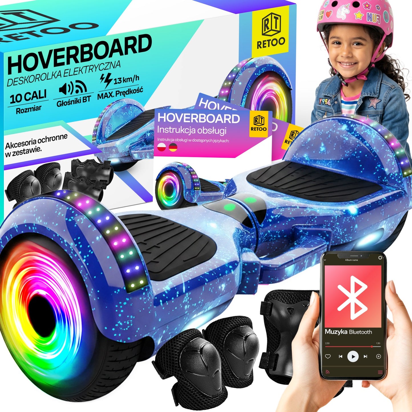 RTO 10-inch Hoverboard, Electric Skateboard, LED Board, Bluetooth Speakers, 10-inch Protective Pads - Blue e031-2