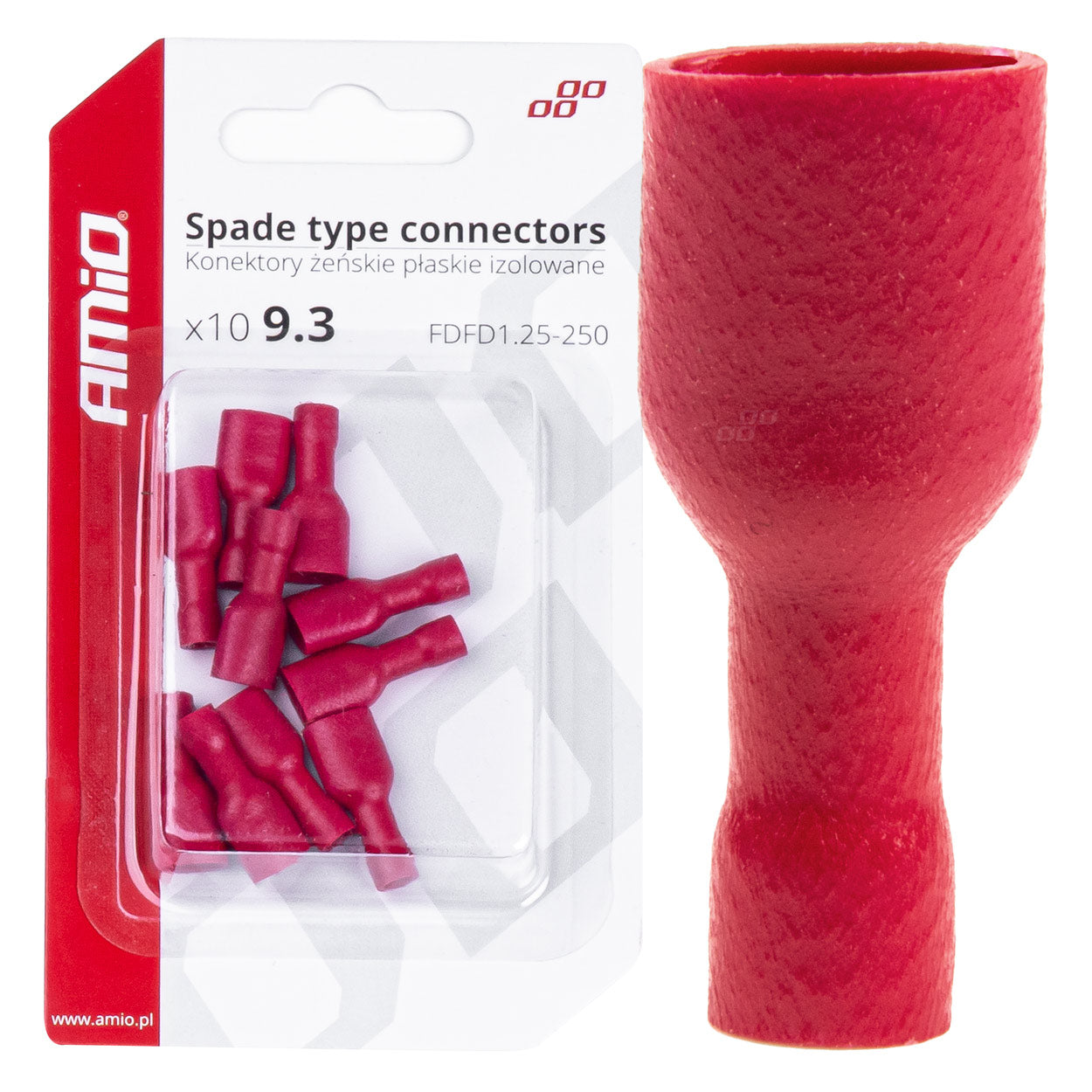 AMiO Insulated Female Flat Connectors, 6.6 mm, 0.5–1.5 mm², 10 A, 10 pcs. AMIO-03063