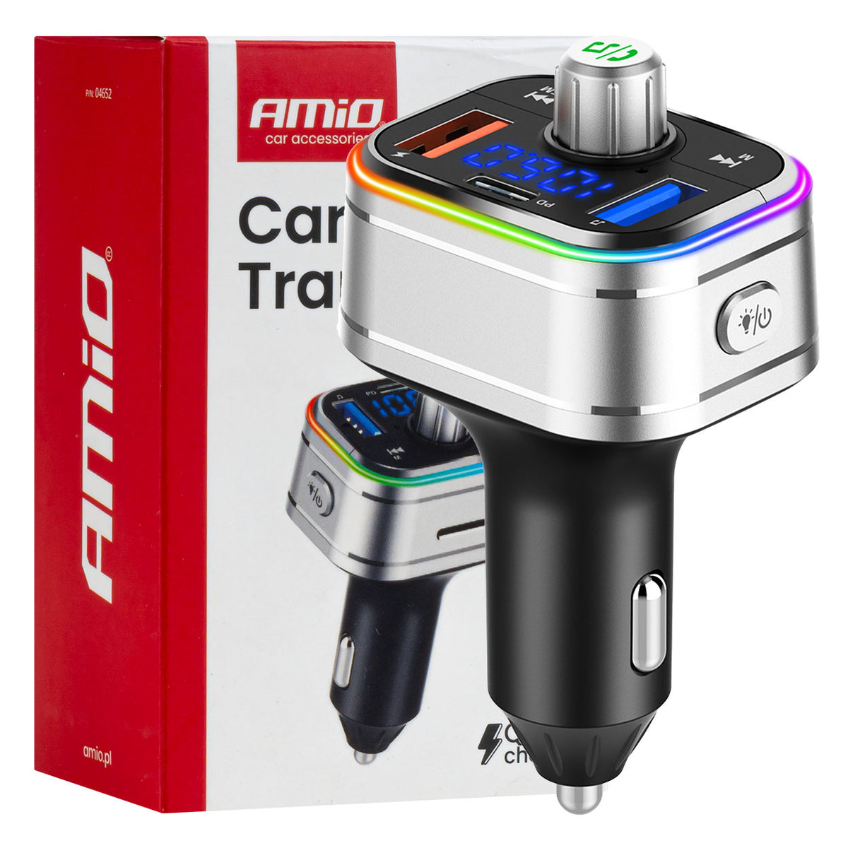 AMiO Car FM Transmitter with 2×USB-A, 1×USB-C, microSD, 12V/24V – AMIO-04652