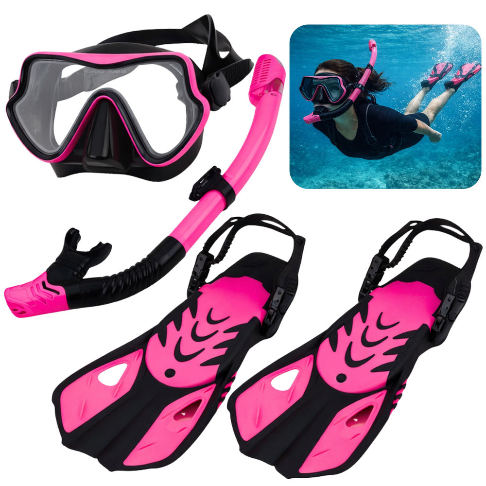LEAN TOYS Swim – Snorkeling Set: Fins, Goggles, and Snorkel—Black and Pink, S/M