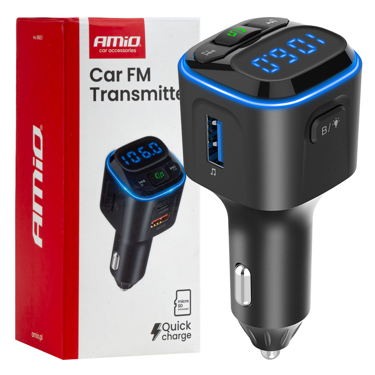 AMiO Transmitters – Car FM Transmitter with microSD, 1×USB-A, 2×USB-C, 12V/24V, AMIO-04651
