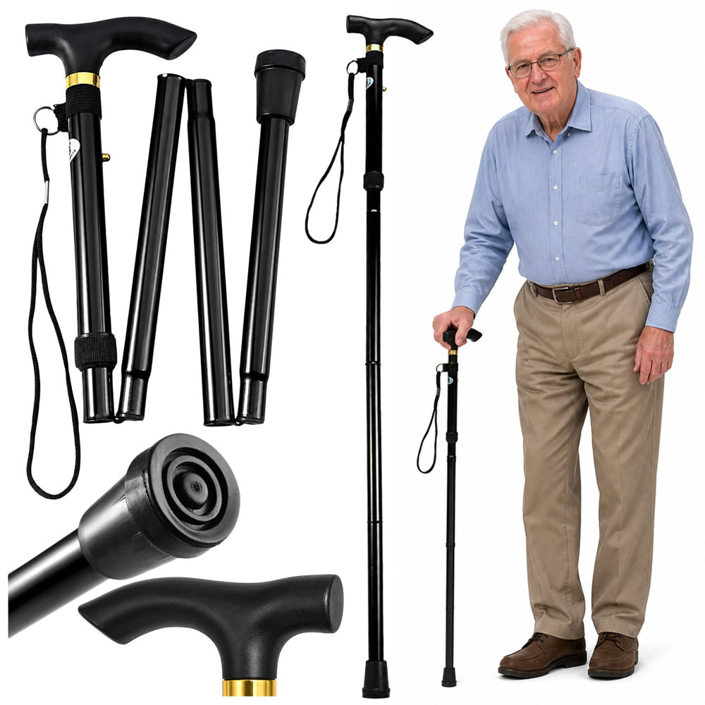 LEAN Folding, Adjustable, Aluminum Telescopic Walking Cane for Seniors, Black, 85–95 cm