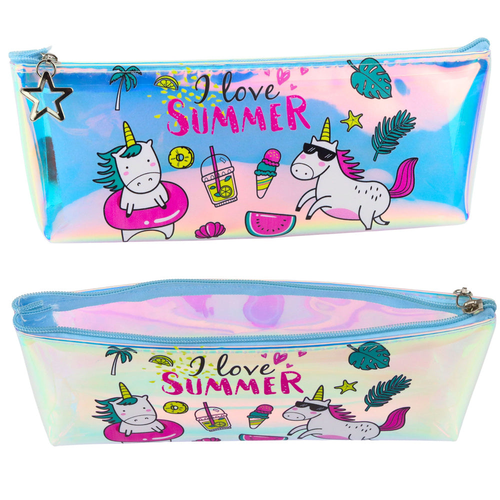 LEAN Pencil cases – Girls' Holographic Summer-Themed Unicorn Pencil Case, 20x8 cm