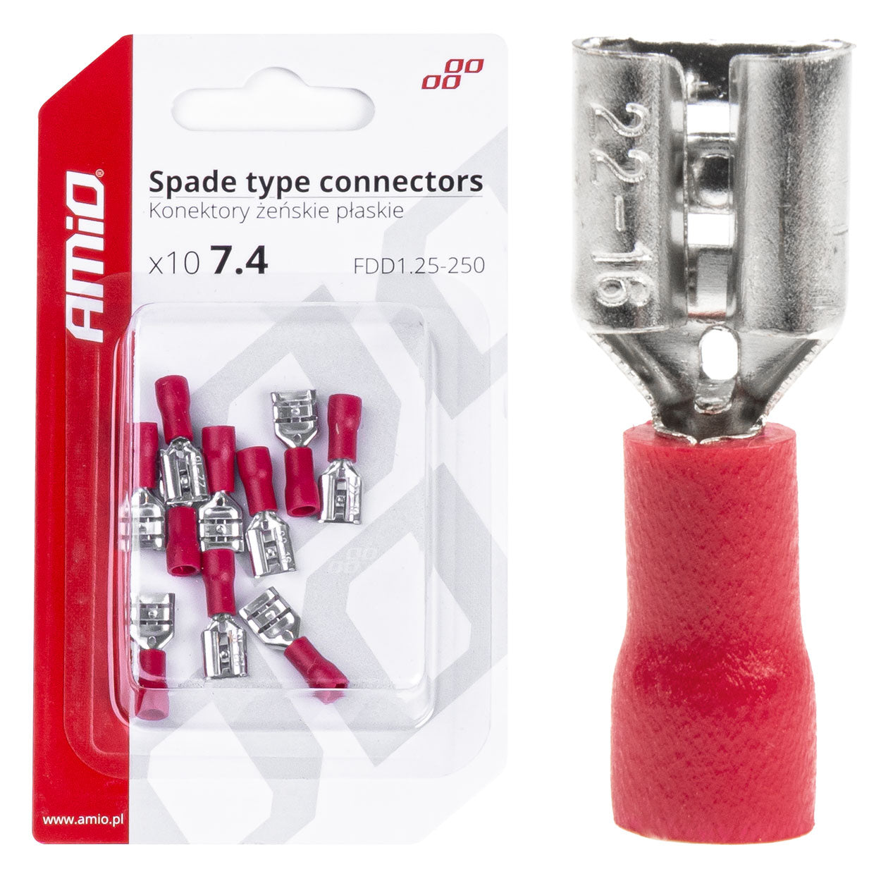 AMiO Insulated Female Flat Connectors, 7.4 mm, 0.5–1.5 mm², 10 A, 10 pcs. amio-03062
