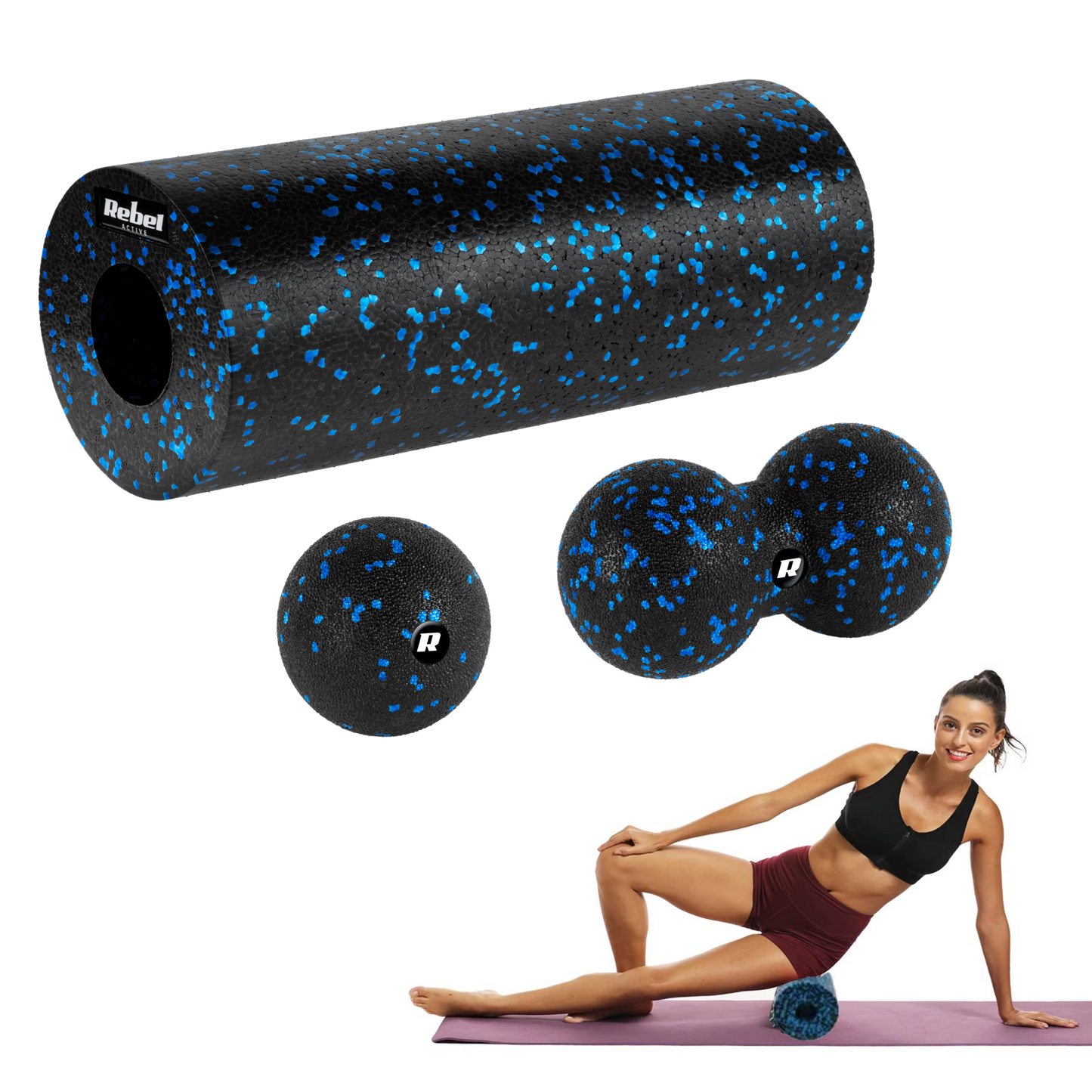 Rebel Massage roller set, roller, ball, duoball, 3 pieces, black and blue, EPP material, REBEL ACTIVE – image 5