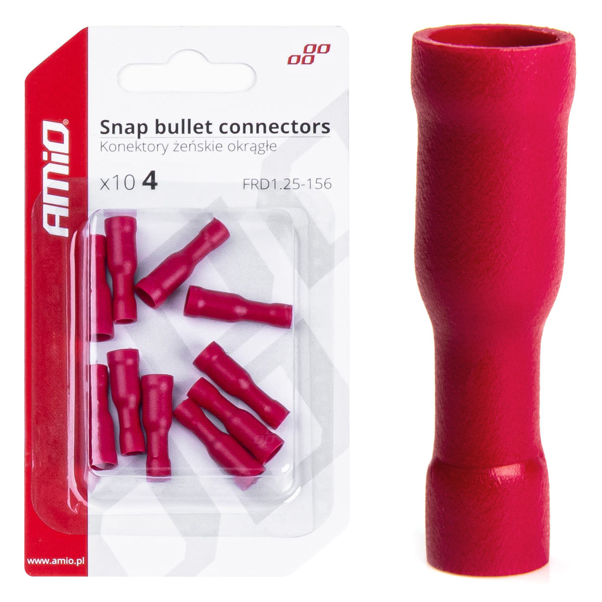 AMiO Insulated Female Round Cylindrical Connectors, 4 mm, 0.5–1.5 mm², 10 A, 10 pcs. AMIO-03072