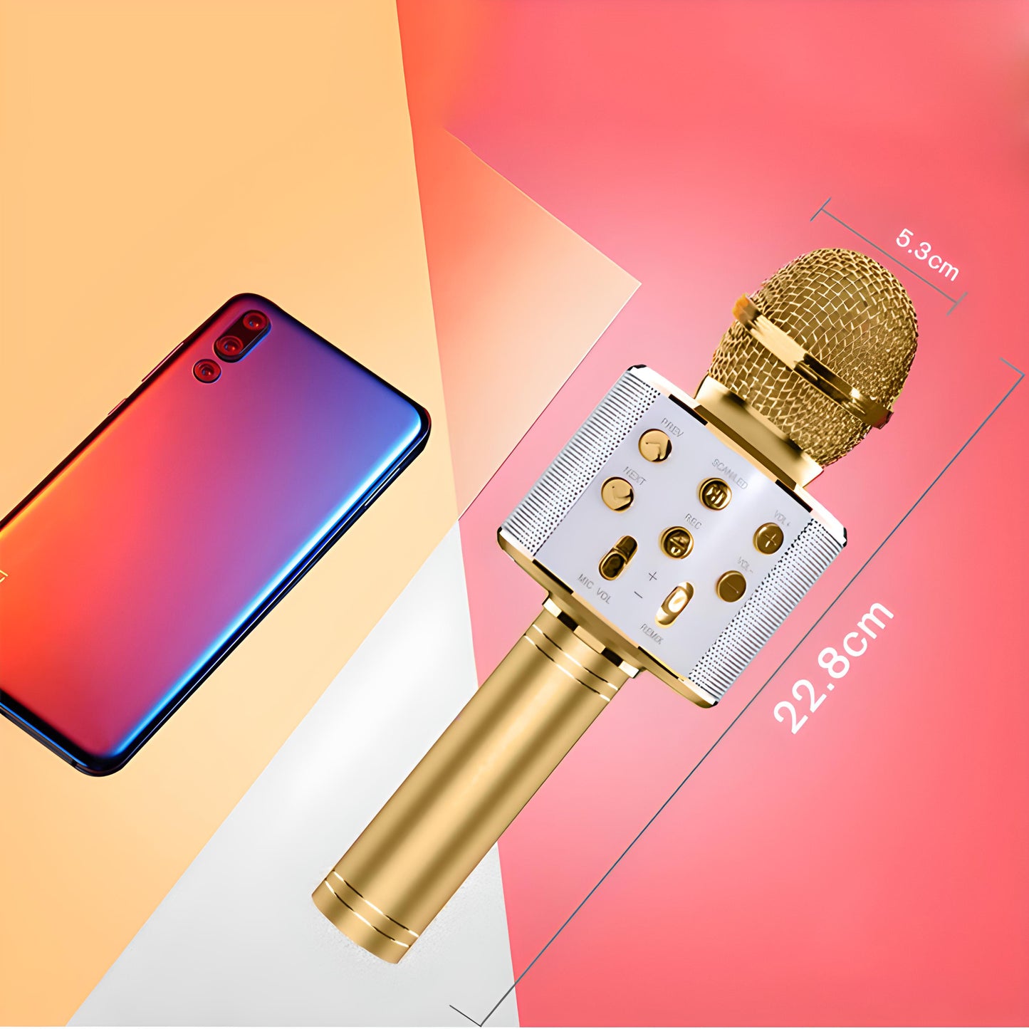 RTO Wireless Bluetooth Karaoke Microphone with Speaker, 2 złoty, model e114 – image 4