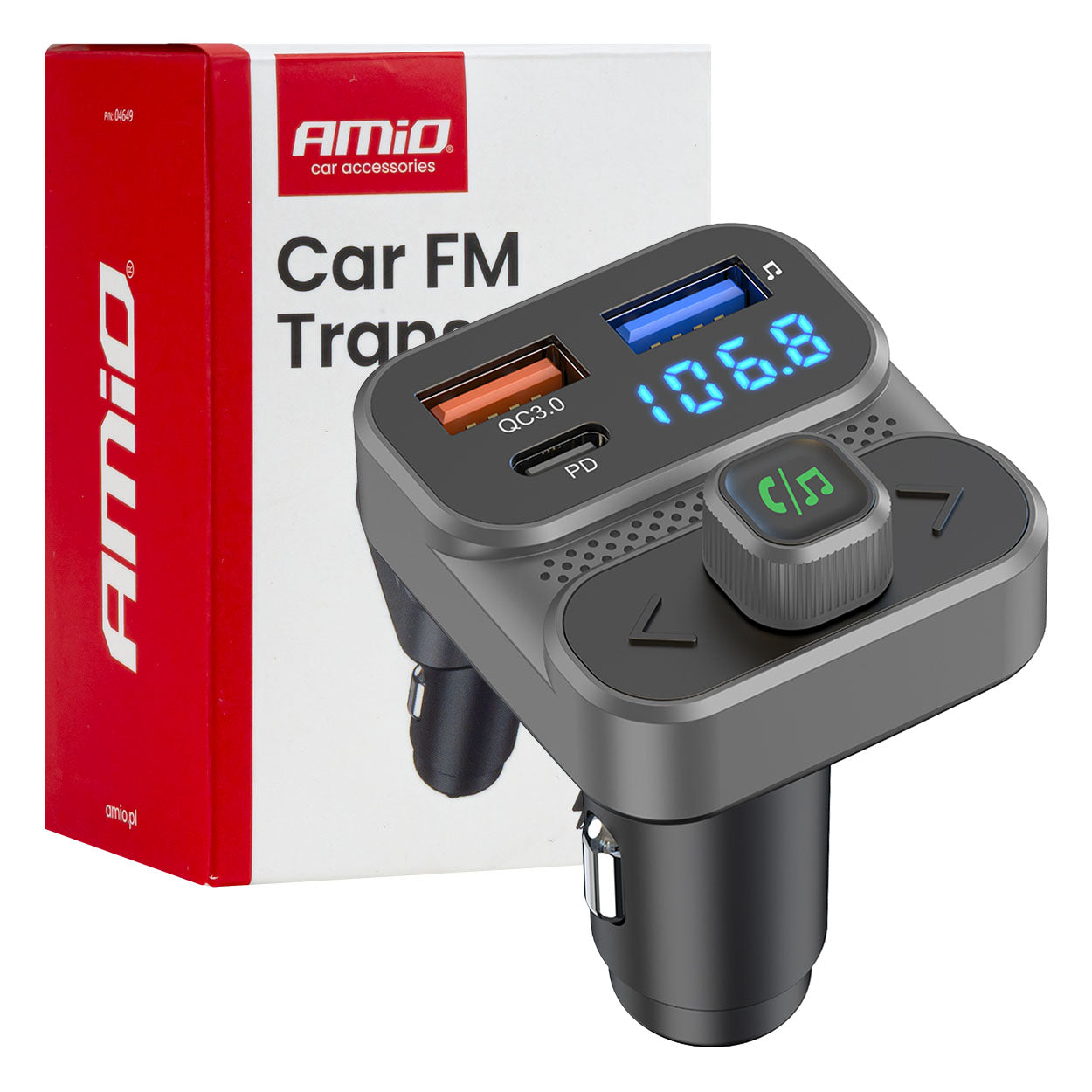 AMiO Transmitters – Car FM Transmitter: 2×USB-A, 1×USB, 12V/24V, AMIO-04649