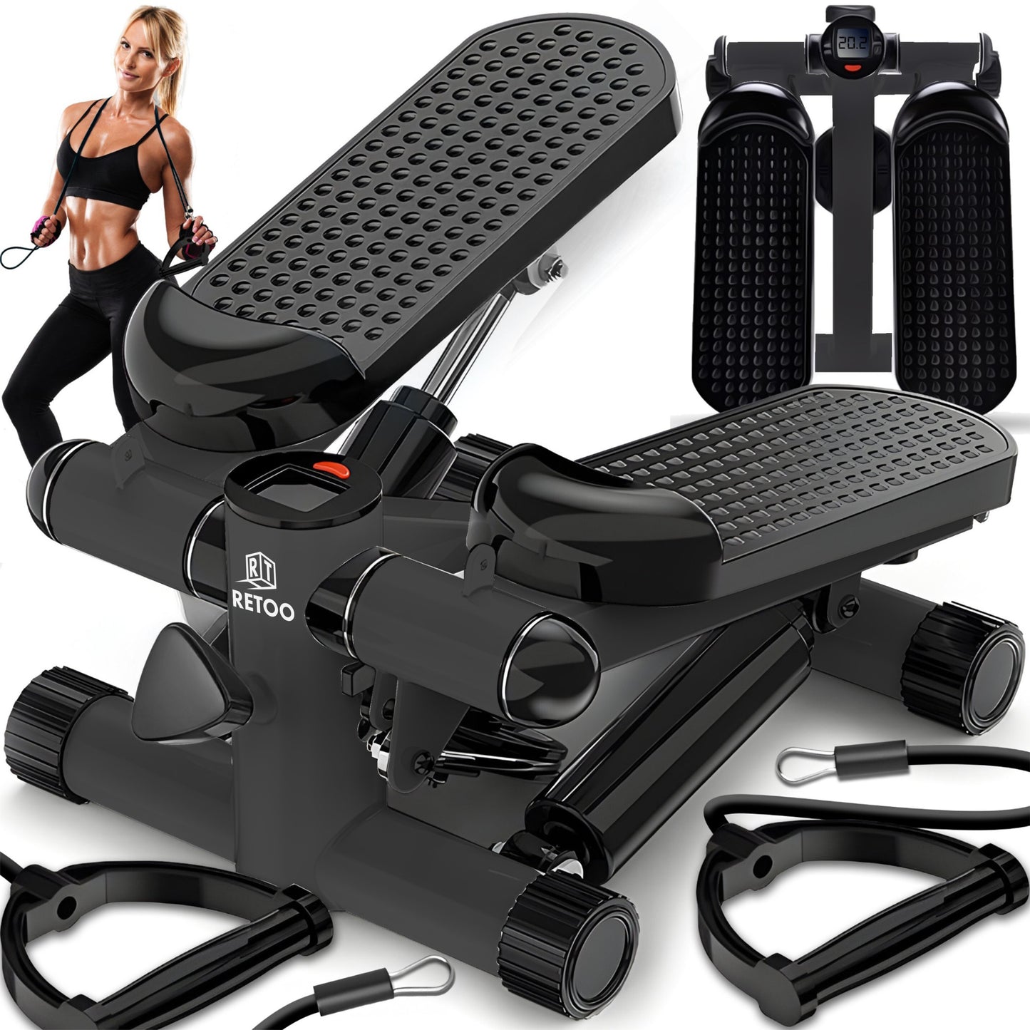 RTO Simple Stepper with Exercise Cables, Adjustable Fitness Settings, and LCD Counter - S242-1