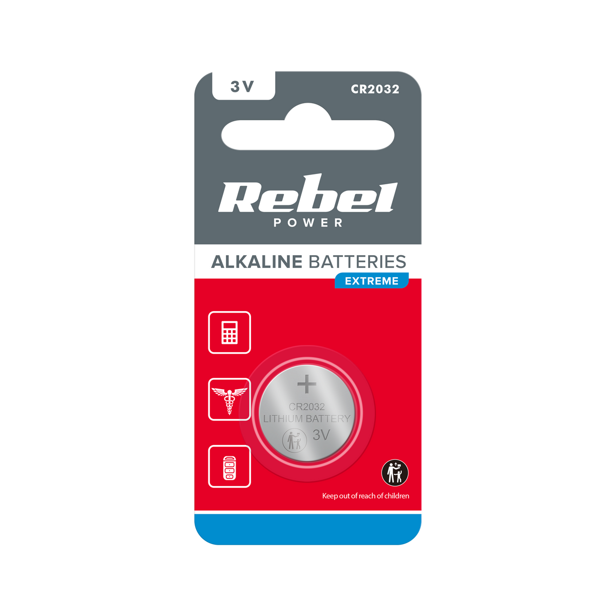 Rebel Alkaline, coin-cell – REBEL EXTREME CR2032 Battery, 1 per blister pack.