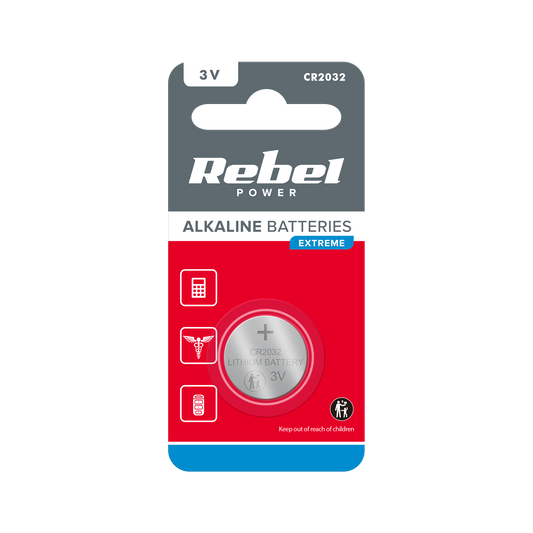 Rebel Alkaline, coin-cell – REBEL EXTREME CR2032 Battery, 1 per blister pack.