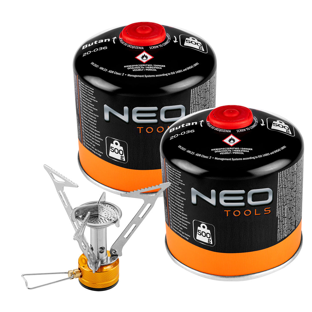 NEO TOOLS Camping stoves – Camping Gas Stove + 2 Gas Canisters 20-036