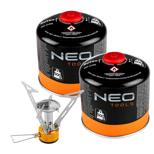 NEO TOOLS Camping stoves – Camping Gas Stove + 2 Gas Canisters 20-036