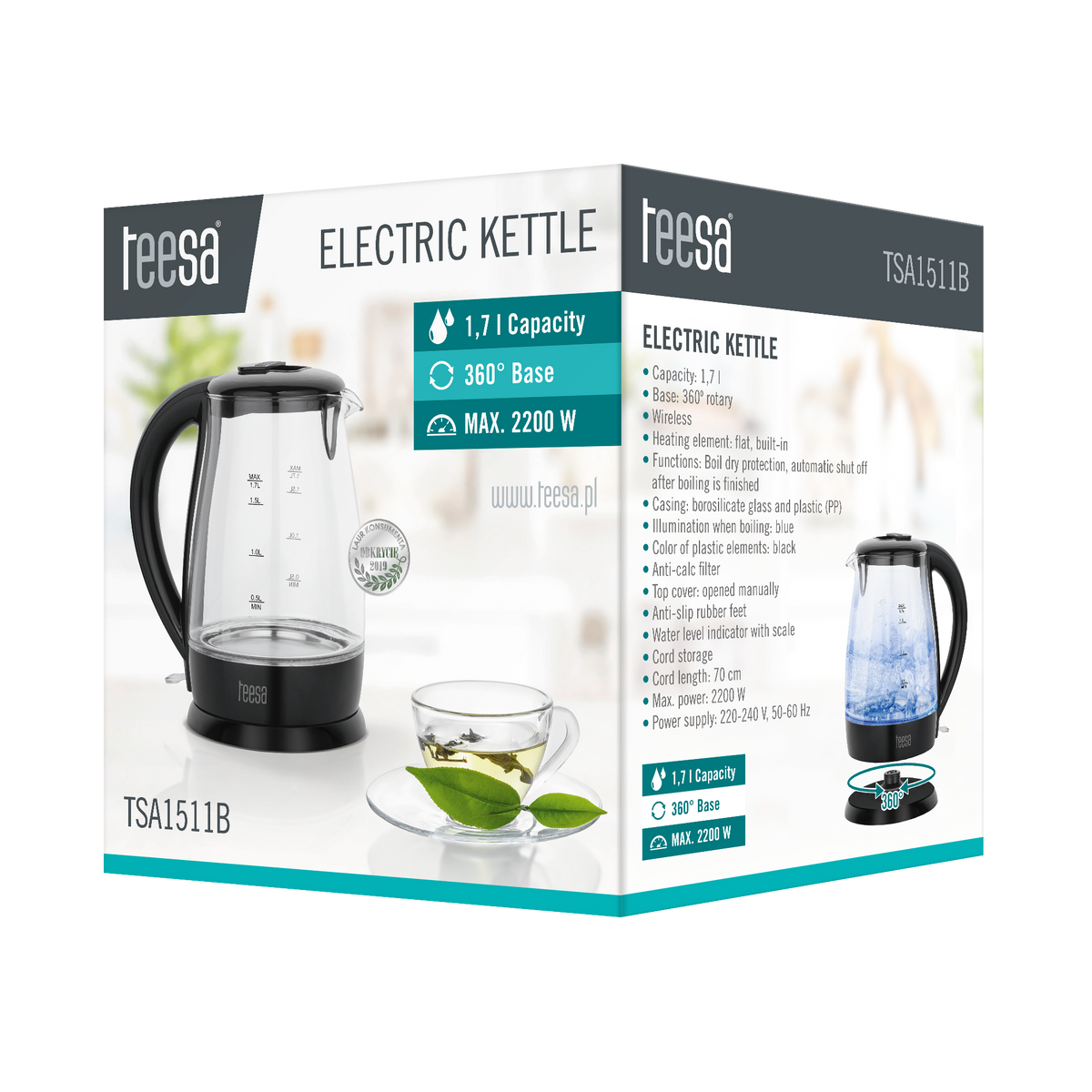 Teesa Electric – TEESA Electric Kettle, Glass, 2200 W, Black, 1.7 L – image 5