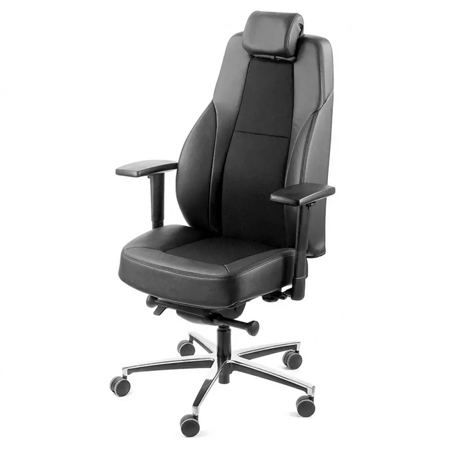 Black office chair with adjustable armrests on a white background