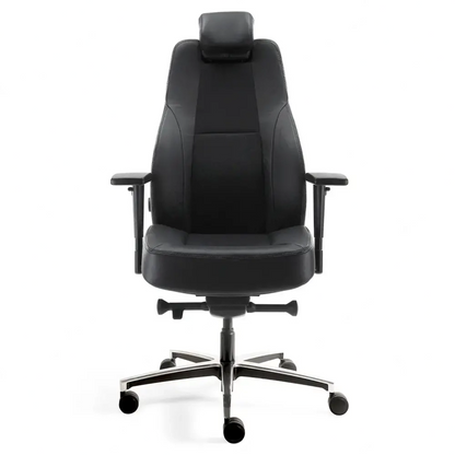 Black office chair with headrest on a white background