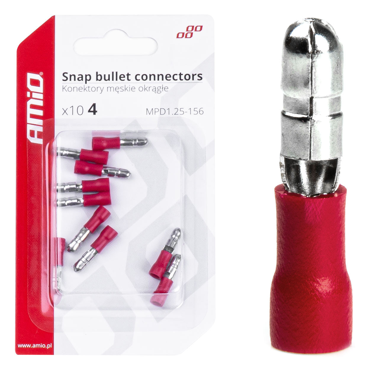 AMiO Insulated Male Round Cylindrical Connectors, 4 mm, 0.5–1.5 mm², 10 A, 10 pcs. amio-03071