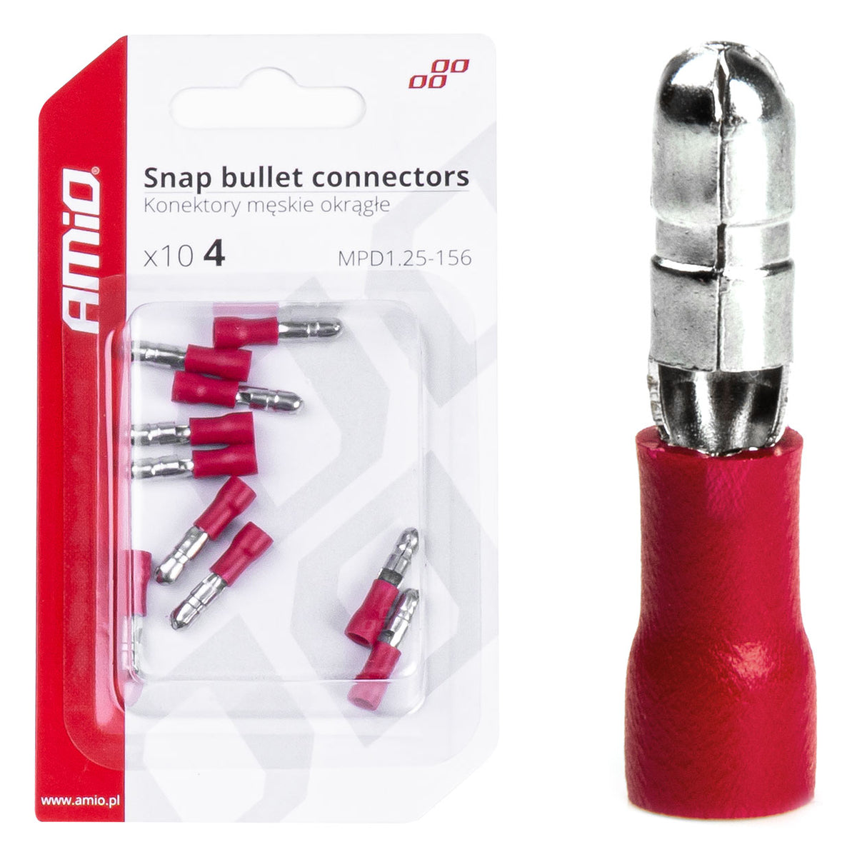 AMiO Insulated Male Round Cylindrical Connectors, 4 mm, 0.5–1.5 mm², 10 A, 10 pcs. amio-03071