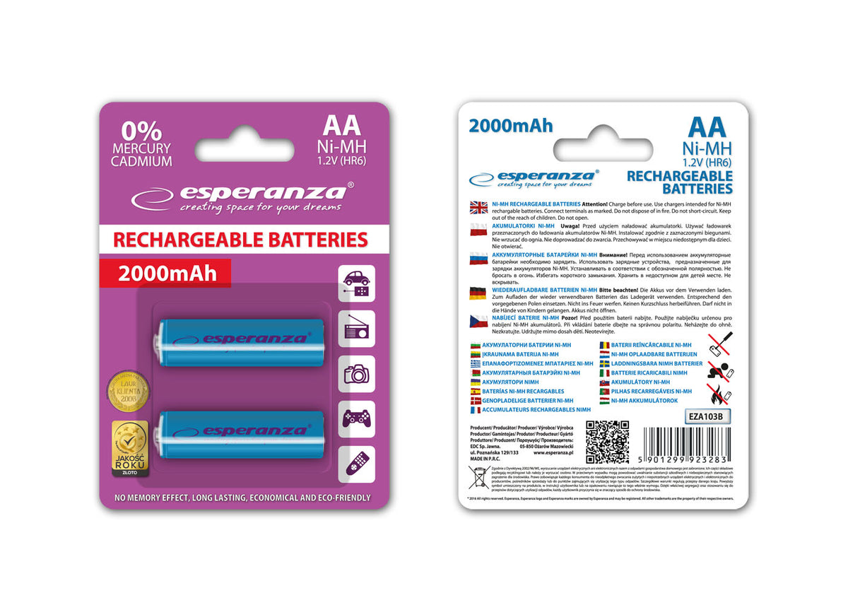 Esperanza EZA103B Esperanza Ni-MH AA Rechargeable Batteries, 2000 mAh, 2-Pack, Blue – image 2