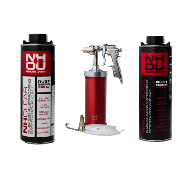 NHOU® Professional Starter Set – Spray Gun + 6 × 1L Rust Protection (4 Black + 2 Clear)
