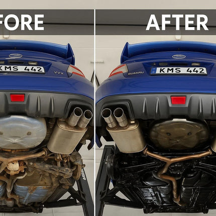 Before and after comparison of a car exhaust system with visible changes.