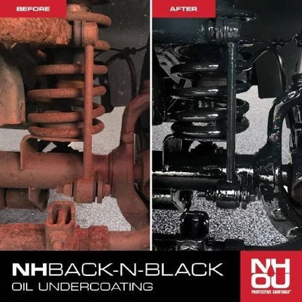 Before and after comparison of a rusted suspension system with NH Back-N-Black oil undercoating.