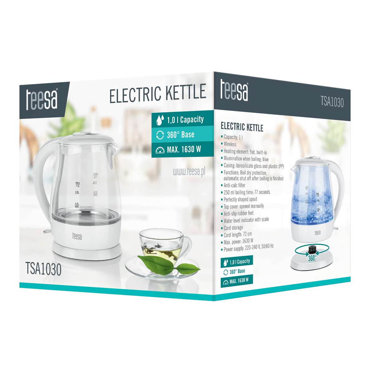 Teesa Electric – TEESA Electric Kettle, Glass, 1630 W, White, 1 L – image 5