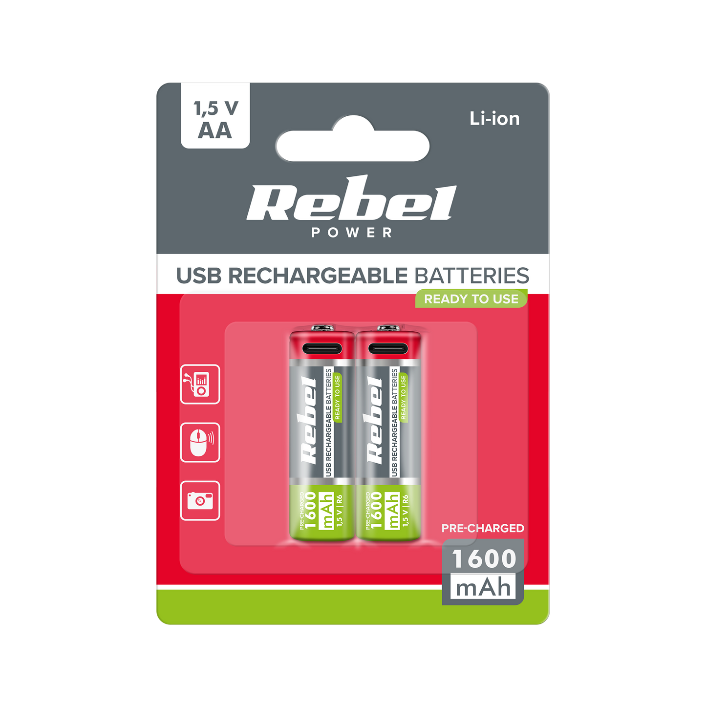 Rebel REBEL AA Rechargeable Batteries, 1600 mAh, Li-ion, 1.5V, 2 per pack, R6, Type-C connector