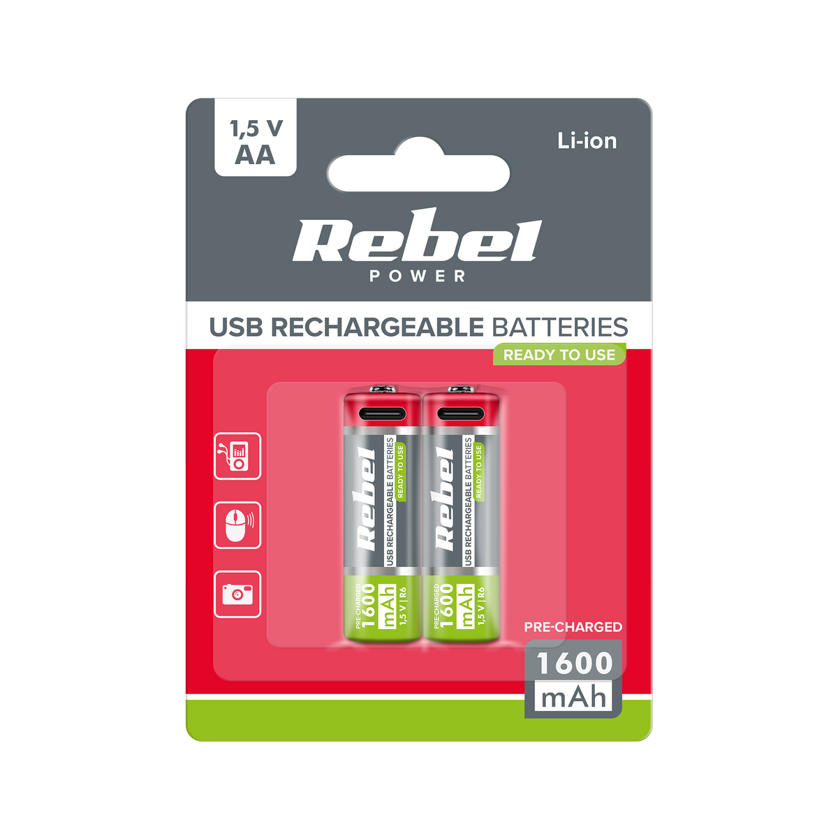 Rebel REBEL AA Rechargeable Batteries, 1600 mAh, Li-ion, 1.5V, 2 per pack, R6, Type-C connector