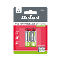 Rebel REBEL AA Rechargeable Batteries, 1600 mAh, Li-ion, 1.5V, 2 per pack, R6, Type-C connector