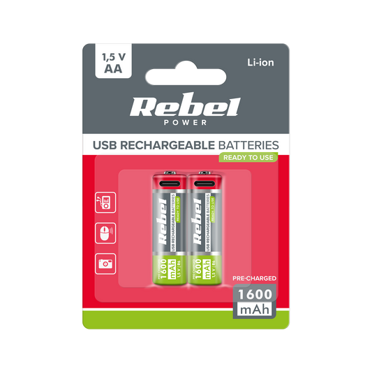 Rebel REBEL AA Rechargeable Batteries, 1600 mAh, Li-ion, 1.5V, 2 per pack, R6, Type-C connector