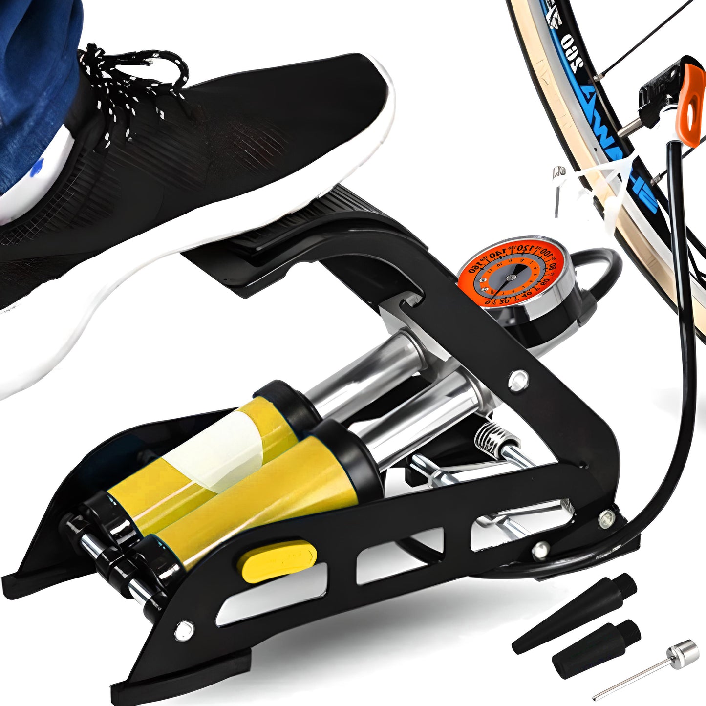 RTO The – Heavy-Duty Black Dual-Piston Foot Pump for Cars and Bikes