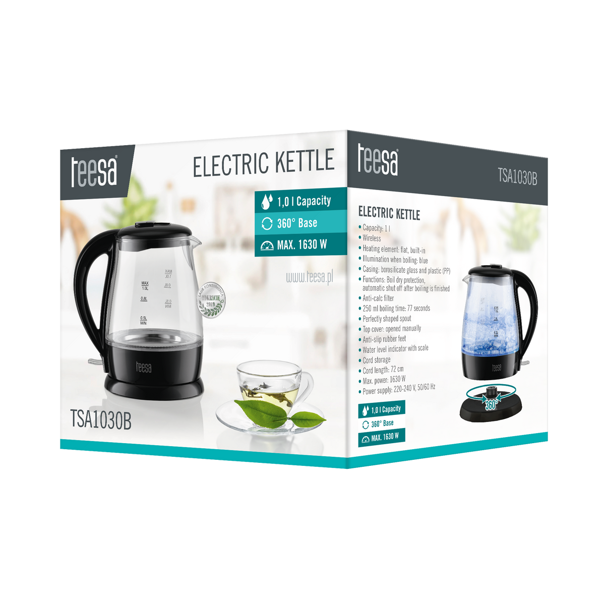 Teesa Electric – TEESA Electric Kettle, Glass, 1630 W, Black, 1 L – image 5