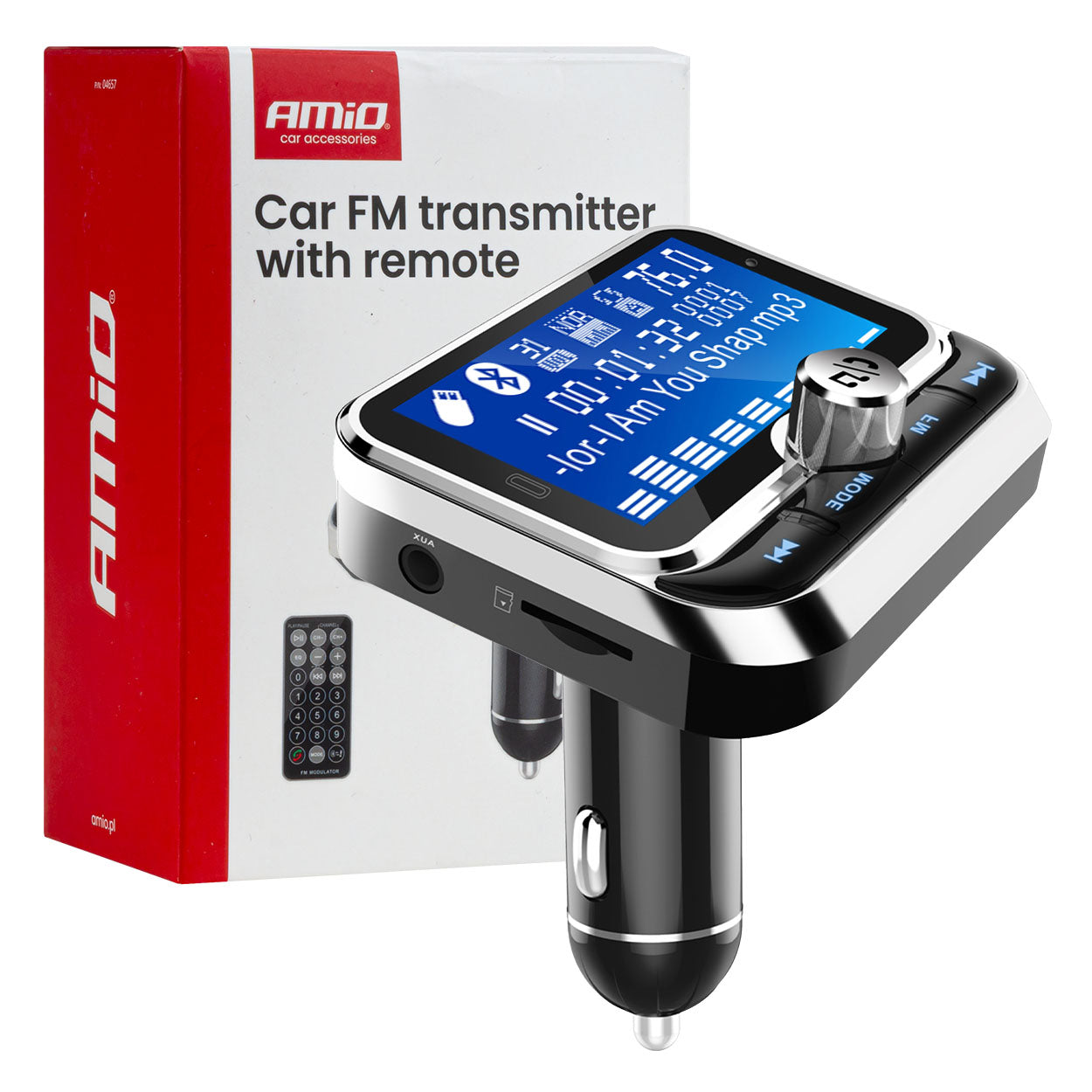 AMiO Transmitters – Car FM Transmitter with Remote Control, 2×USB-A, 12V/24V, AMIO-04657
