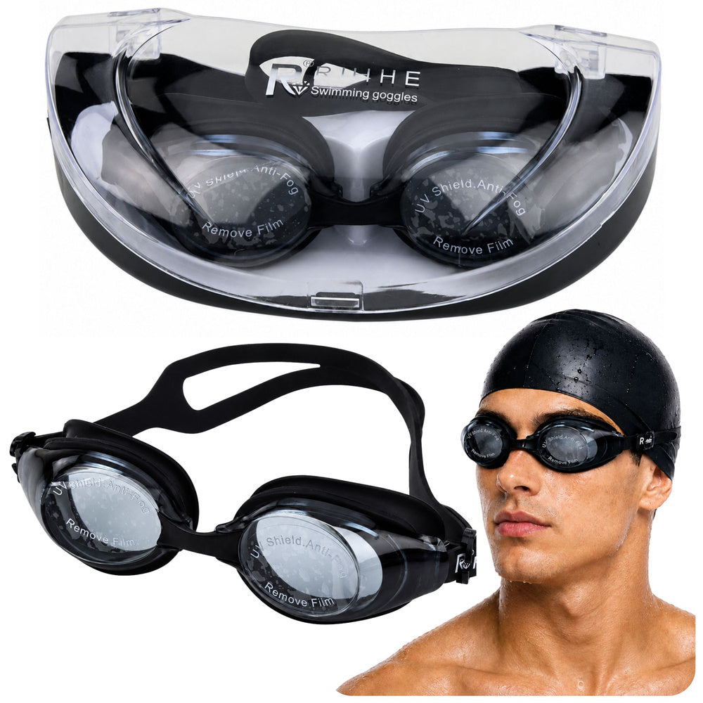 LEAN Adjustable Swimming Goggles with Anti-Fog Coating, UV Protection, Black, Case Included