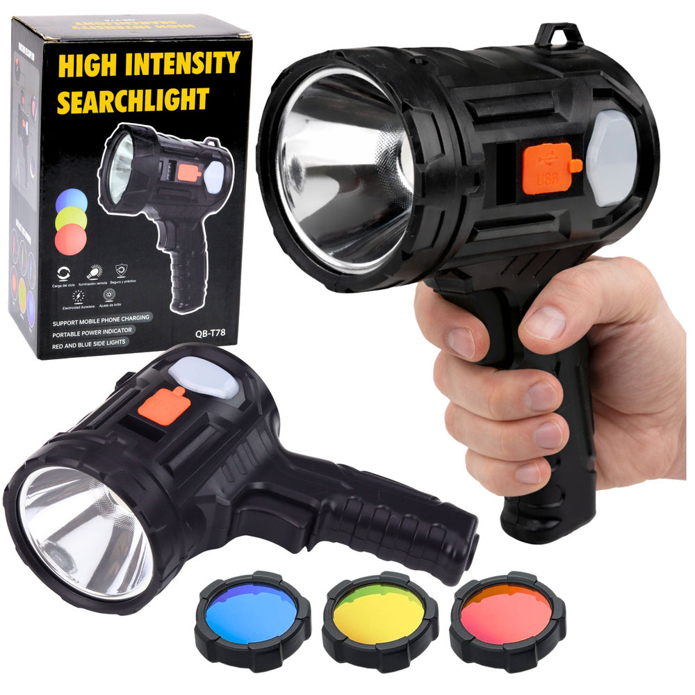 LEAN Solar-Powered LED Flashlight with 6 Modes, Power Bank, and Replaceable Filters, 19 cm