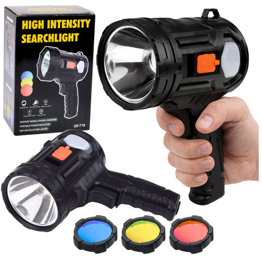 LEAN Solar-Powered LED Flashlight with 6 Modes, Power Bank, and Replaceable Filters, 19 cm