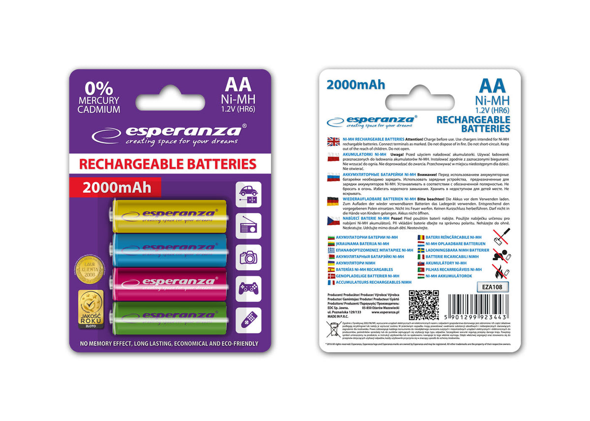 Esperanza EZA108 Esperanza Ni-MH AA Rechargeable Batteries, 2000 mAh, 4-Pack, Assorted Colors – image 2