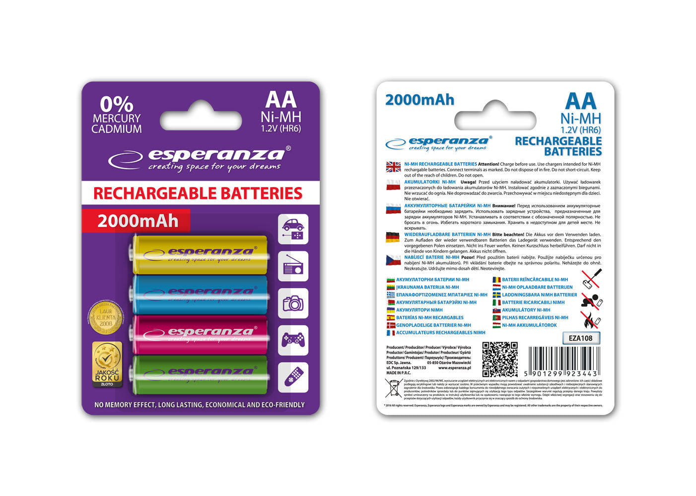 Esperanza EZA108 Esperanza Ni-MH AA Rechargeable Batteries, 2000 mAh, 4-Pack, Assorted Colors – image 2