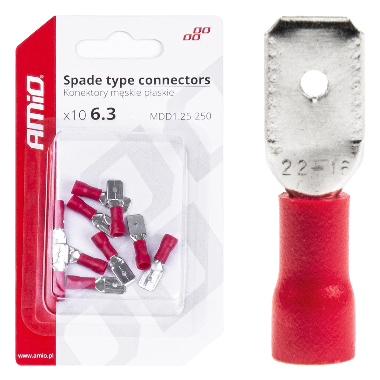 AMiO Insulated 6.3 mm Male Flat Connectors, 0.5–1.5 mm², 10 A, 10 pcs. amio-03066