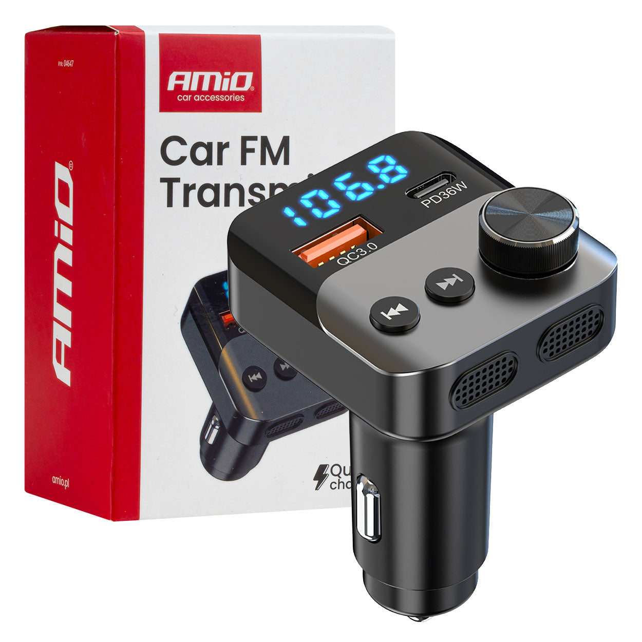 AMiO Transmitters – Car FM Transmitter, 1×USB-A, 1×USB-C, 12V, 24V, AMIO-04647